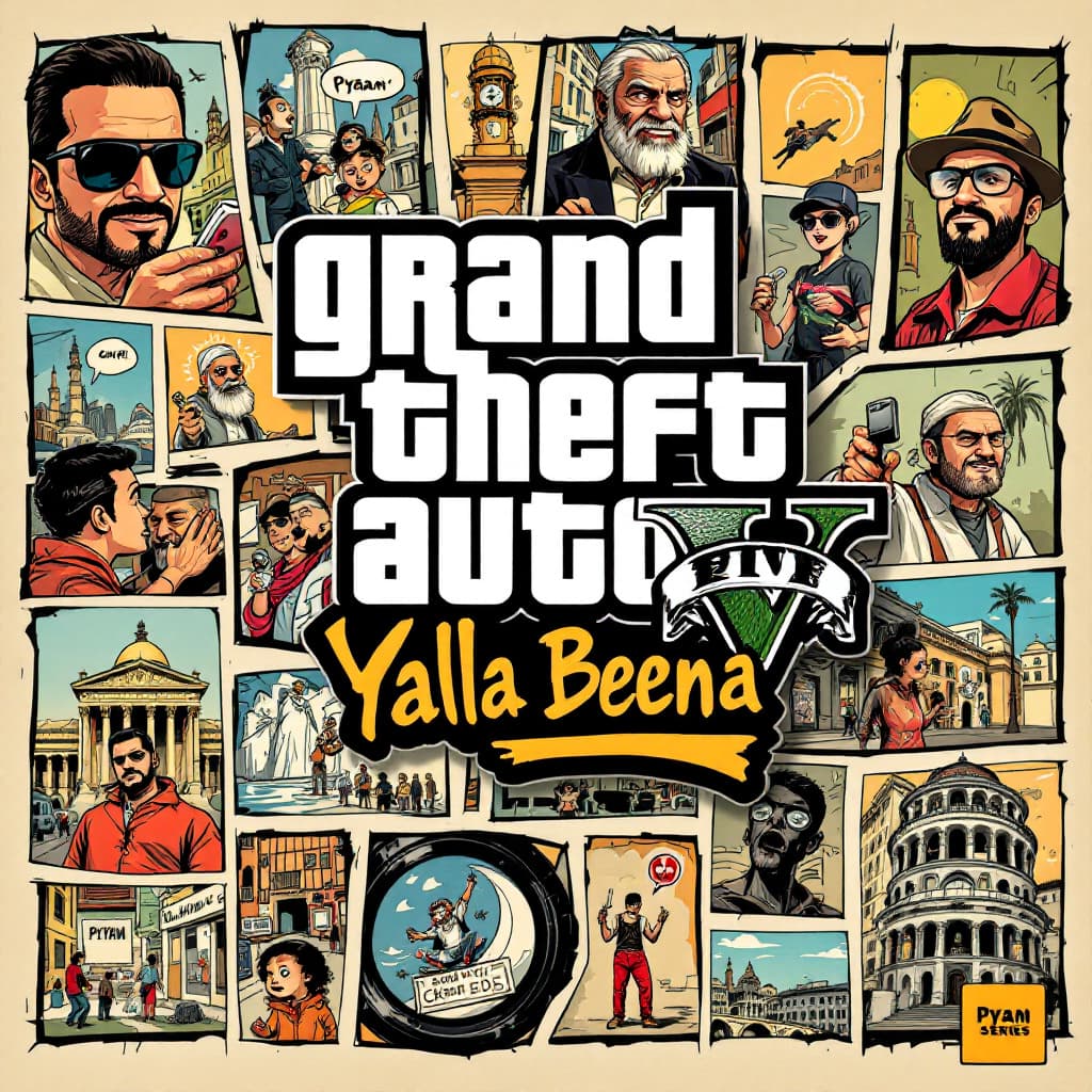 AI generated: A parody video game cover in the style of "Grand Theft Auto," titled Yalla Beena. The artwork featur...