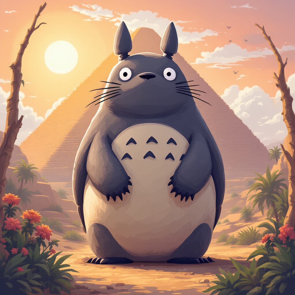 AI generated: Totoro at Giza --personalize nwnd4j3 --stylize 600