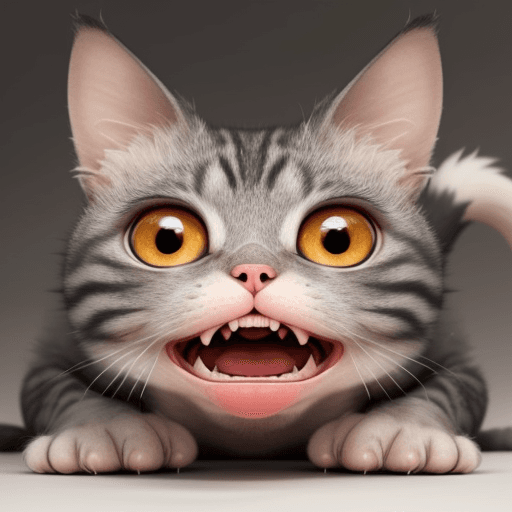 AI generated: A cute but ugly cat with a big tooth sticking out of its mouth and with big, round, affectionate eye...