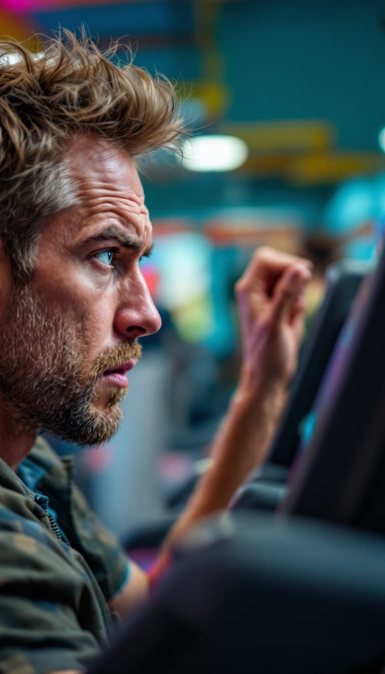 AI generated: A close-up of a frustrated person's face looking at an unused treadmill in a gym, expressing disappo...