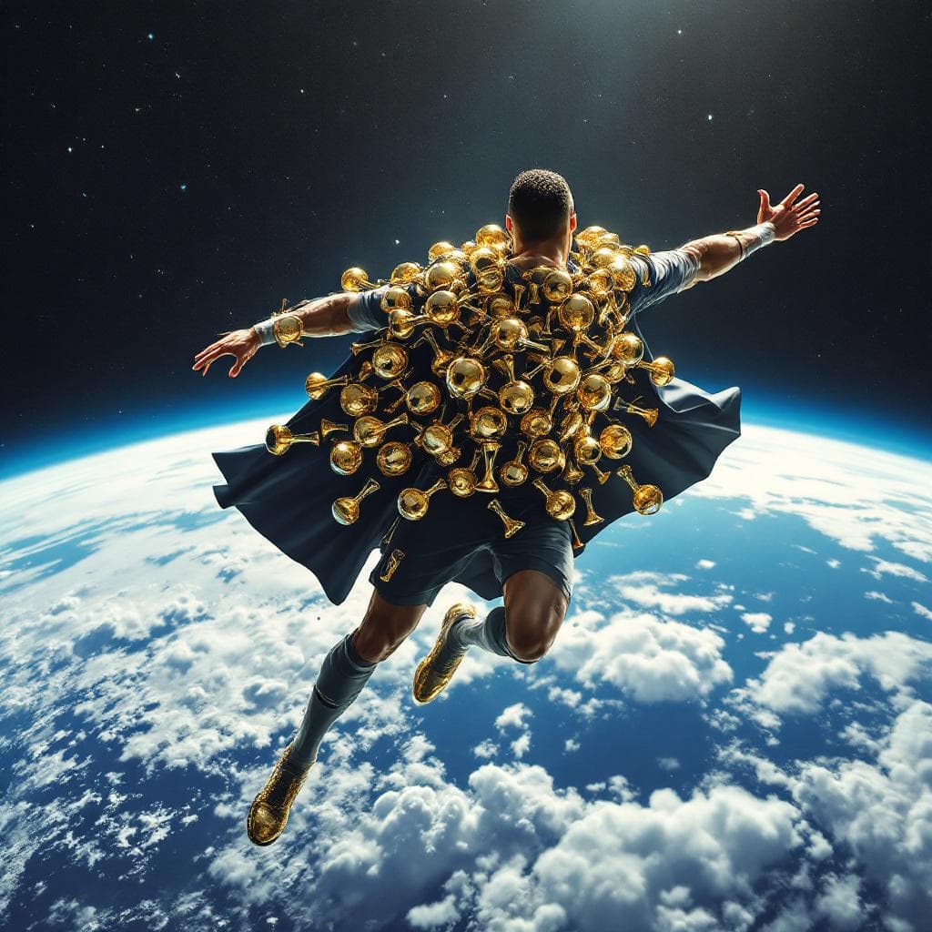 AI generated: Ronaldo as a superhero, cape made of Champions League trophies, hovering over Earth.