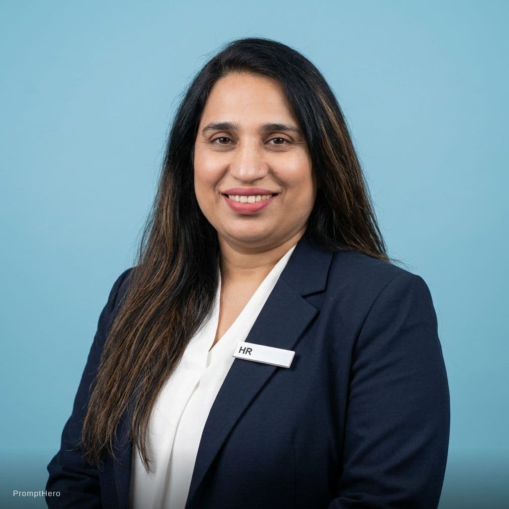 AI generated: 40 year old woman, brown long hair, HR, chubby, lipstick, photo studio with blue background