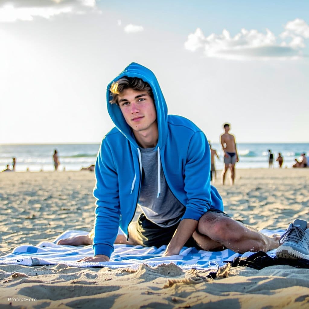 AI generated: A 19-year old college guy naked at the beach with blue hoodie, grey t-shirt, and grey sneakers at th...