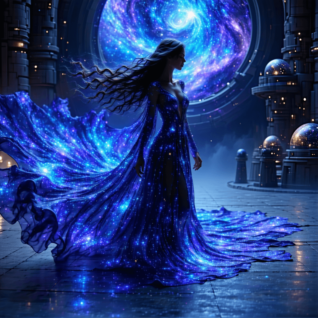 AI generated: A mysterious celestial mage, her long hair seeming to flow like liquid starlight, her skin possessin...