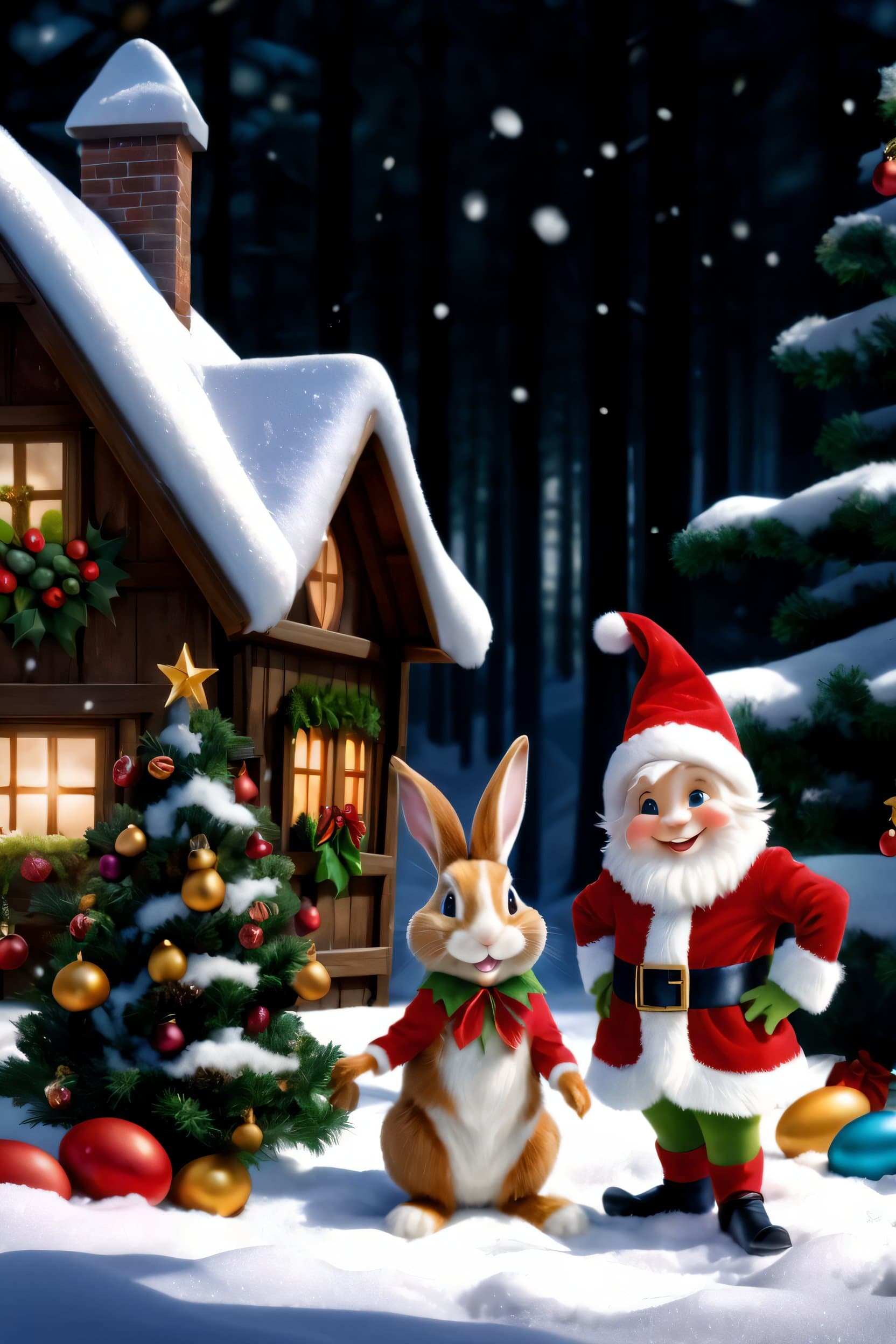 AI generated: Background picture smiling CHRISTMAS Elf, and Easter Bunny, looking ahead, in the christmas forest s...