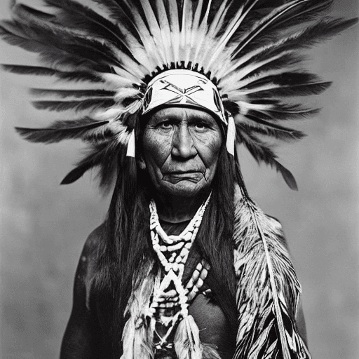 AI generated: a vintage black and white photo of a Native American chief wearing traditional clothing and and feat...