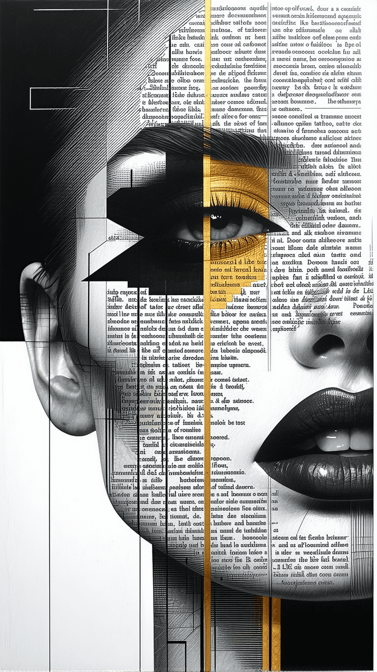 AI generated: Escher-style rosaarch ink-bolt print of text“traumatic” like a tattoo on a woman’s face, optical ill...