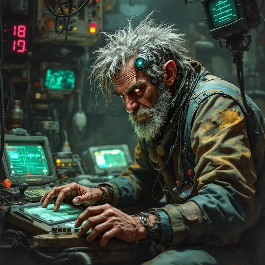 AI generated: Cyberpunk. A wiry middle-aged man with wild graying hair and a mismatched cybernetic eye, cluttered ...