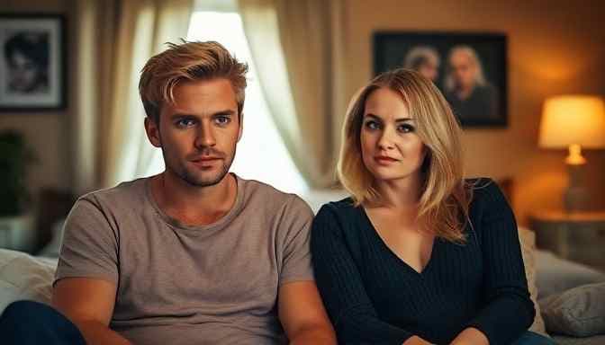 AI generated: 25 years old man with blonde hair sitting with a 40 years old transgender woman in a cozy bedroom, n...