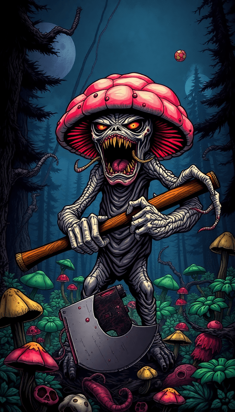 AI generated: A chaotic, vector horror art scene of a diverse background, In the dark underbelly of a psychedelic ...