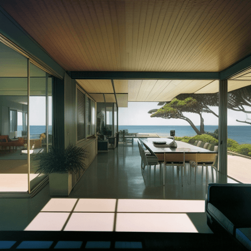 AI generated: Hyper realistic eye level exterior photo of a mid century modern style house overlooking the ocean, ...