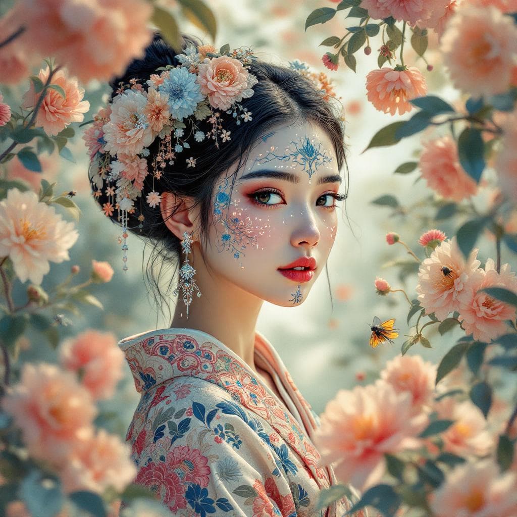 AI generated: Create an ultrarealistic portrait in the style of hyperrealism blended with Japanese woodblock print...