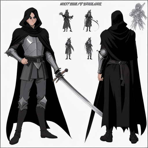 AI generated: comic book drawing a set of a full-body drawing of a knight holding a long-sword a black cloak with ...