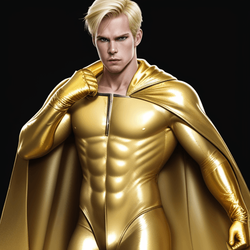 AI generated: male super hero named champion blond hair, no symbol, skin tight gold suit, gold cape, gold gloves
