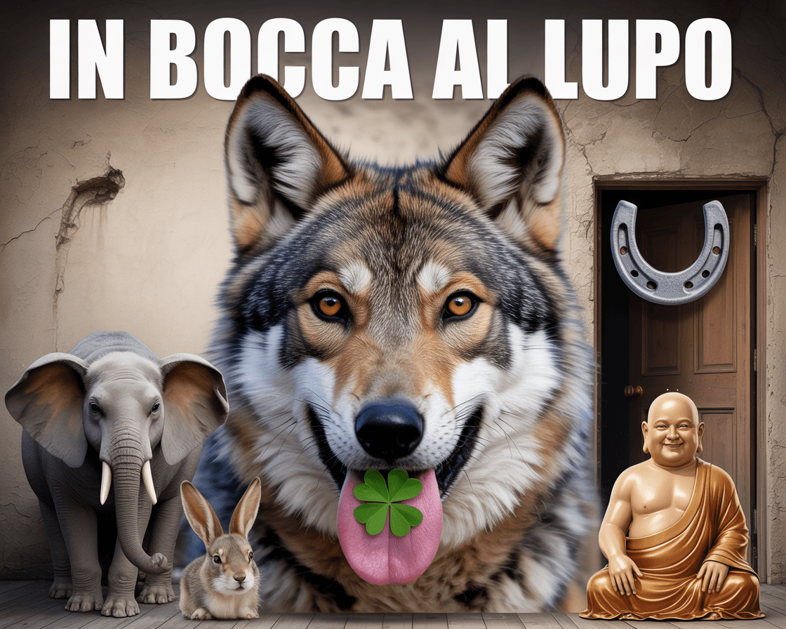 AI generated: I'd like a funny, ironic illustration based on the Italian phrase in highlight "in bocca al lupo," w...
