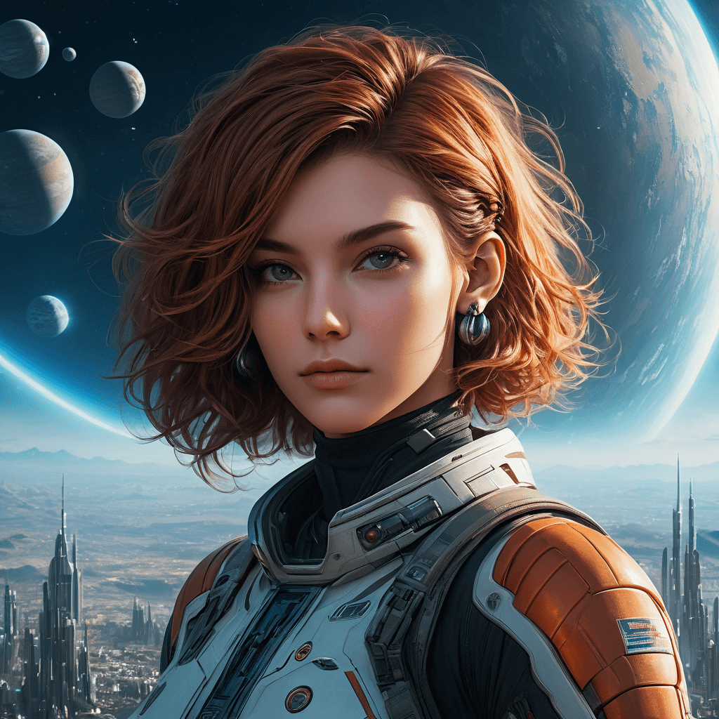 AI generated: portrait+ style, a citizen living in an orbital space city surrounding an inhabited planet. Hard sci...