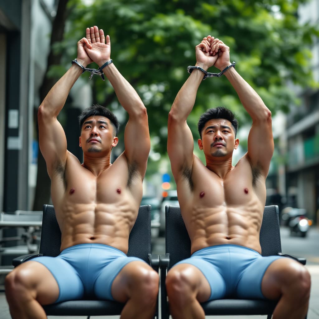 AI generated: Two male Chinese criminals strong  wearing compressive cycling shorts in light blue color in day tim...