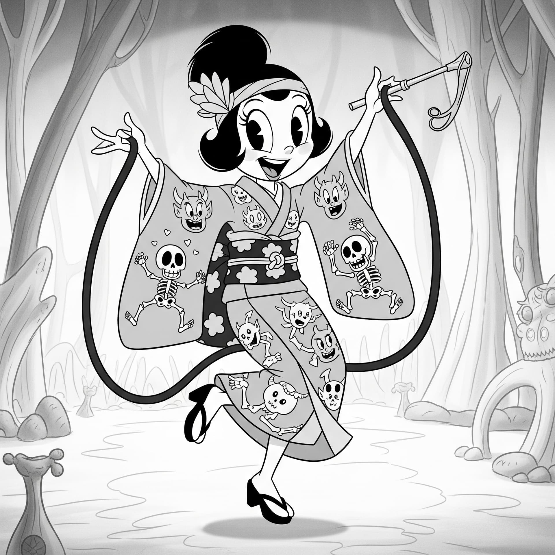 AI generated: Jigoku Dayū, the Hell Courtesan, is reimagined as a flapper in a 1930s rubber hose cartoon, bursting...