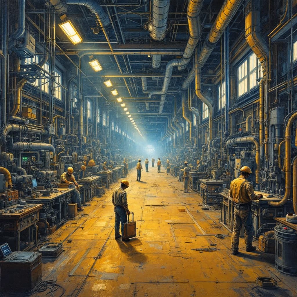 AI generated: detailed oil painting of the inside of an industrial REAL , with many hose's and machinery and five ...