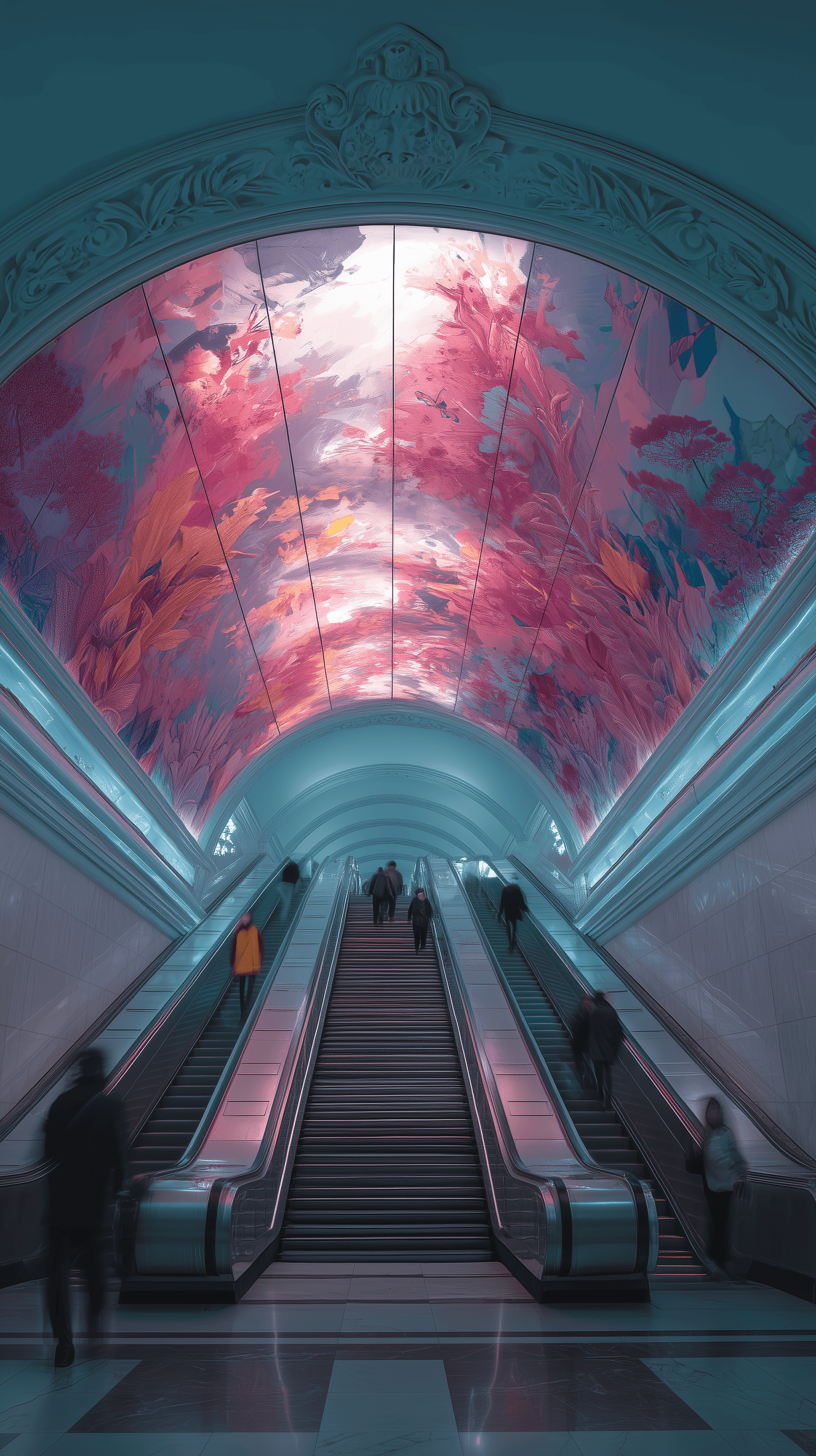AI generated: high resolution photo, modern subway escalator, neo-baroque, neon pink and aquamarine, fast passers ...