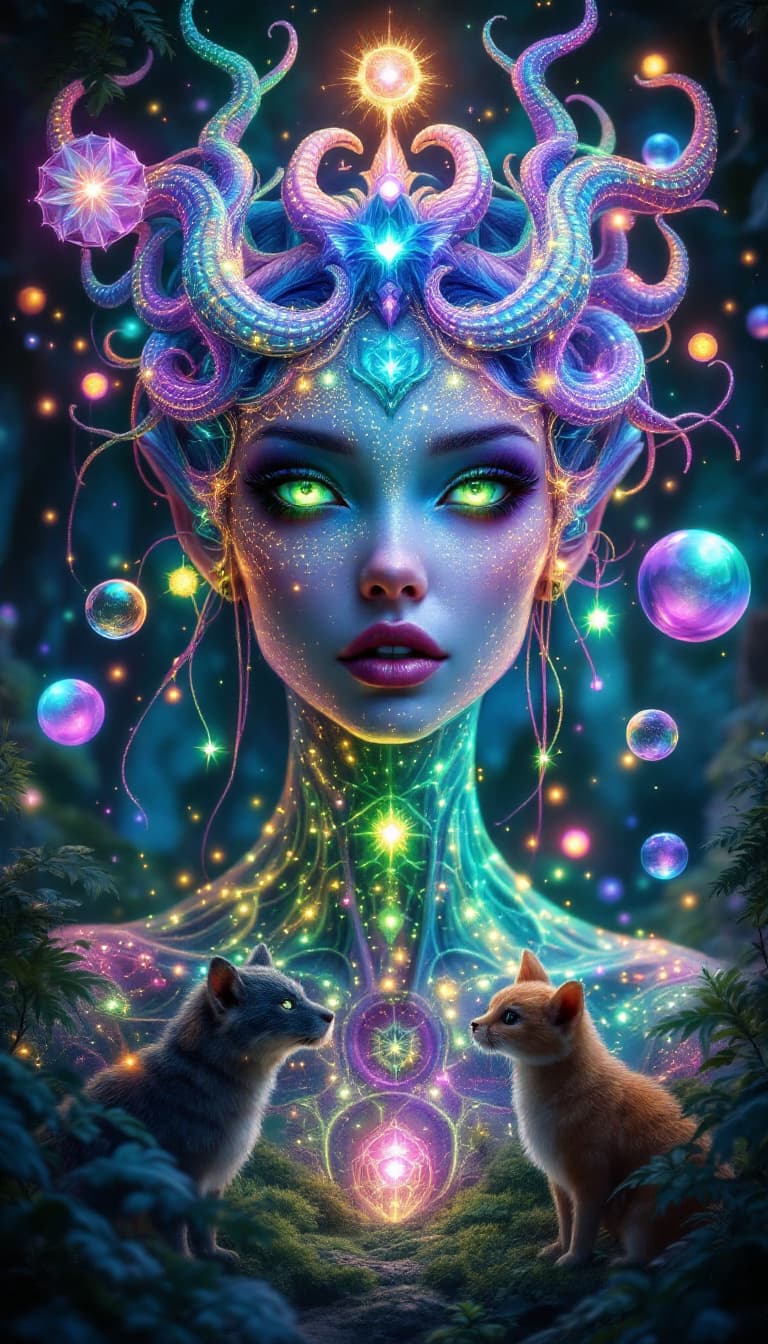 AI generated: Surreal 4k painting of a beautiful alien princess with expressive green eyes and cosmic features. He...