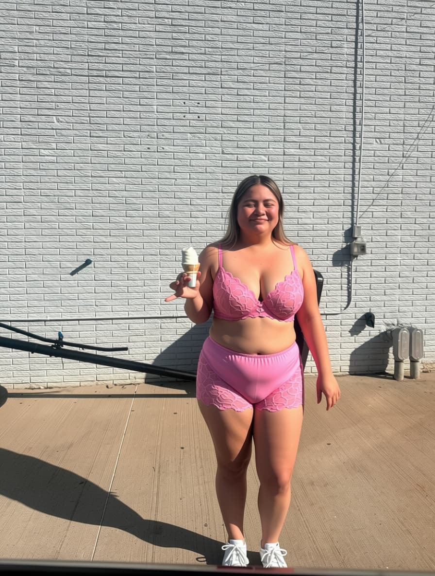 AI generated: Can you give here a pink lace Victoria secret lingerie set and Can you remove her bra and leave her ...