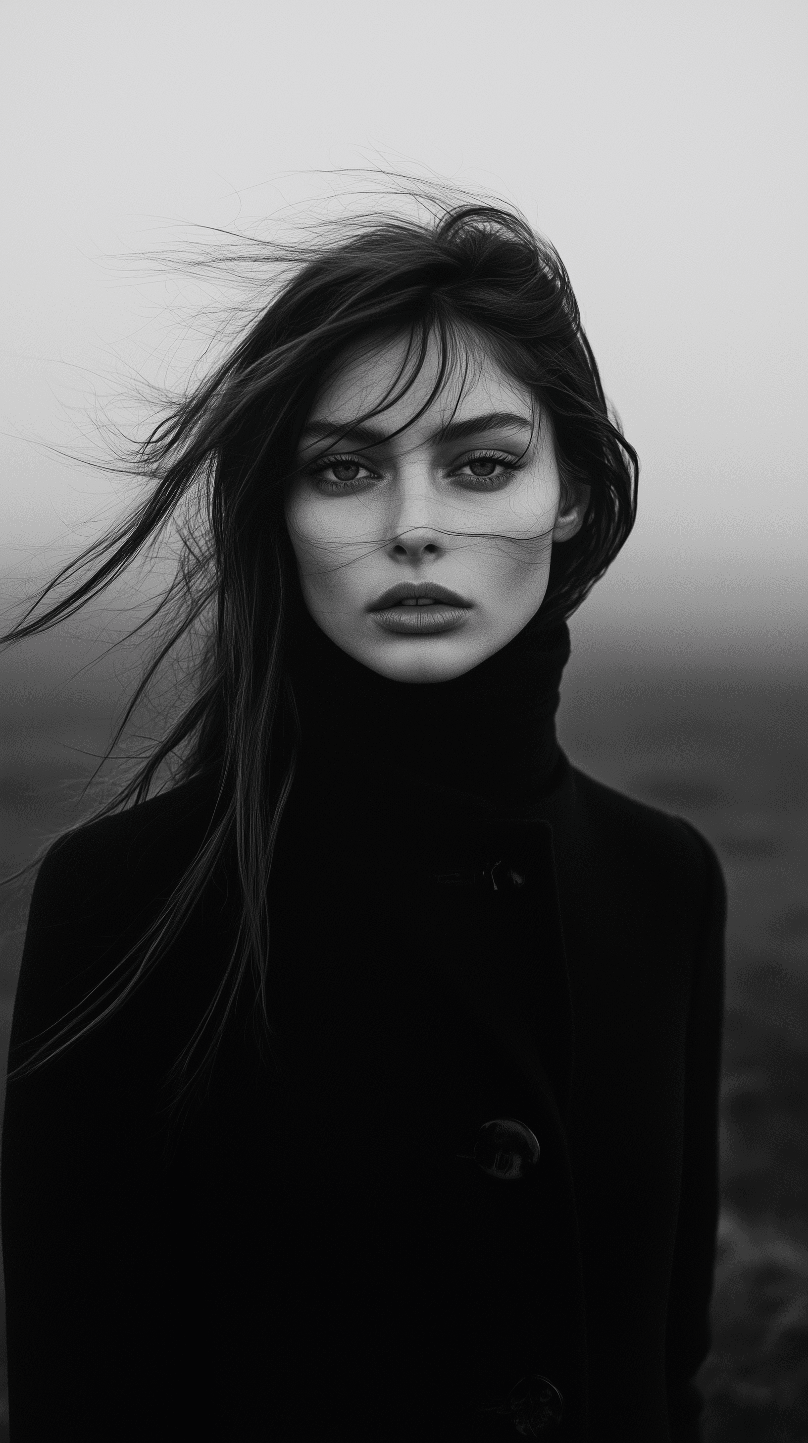 AI generated: Landscape Capture a moody landscape scene featuring the woman in a black coat, standing in a misty o...