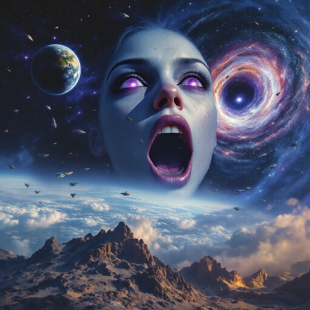 AI generated: enormous giantess eleven from stranger things
bigger than a galaxy  floating in space, minuscule gal...