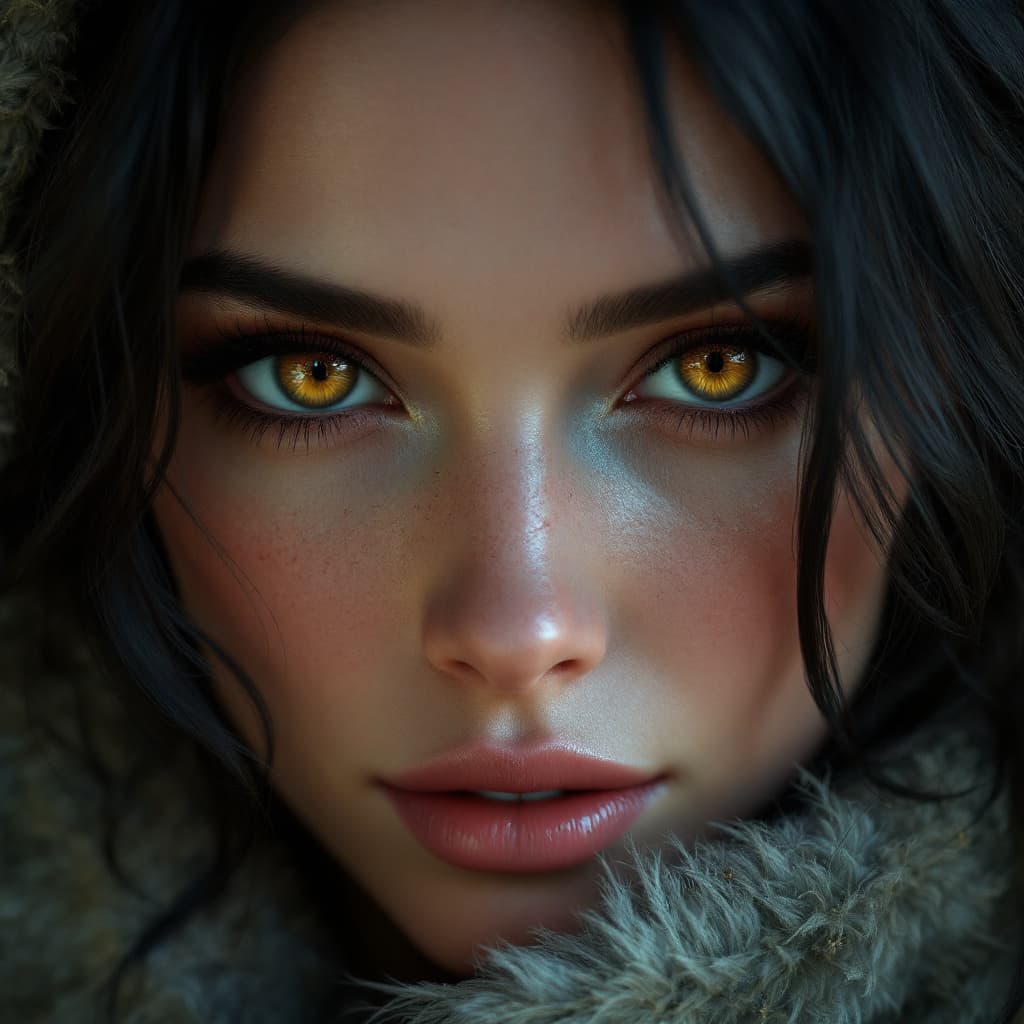 AI generated: a woman with -amber brown eyes, in the style of realism with fantasy elements, daz3d, fine art reali...