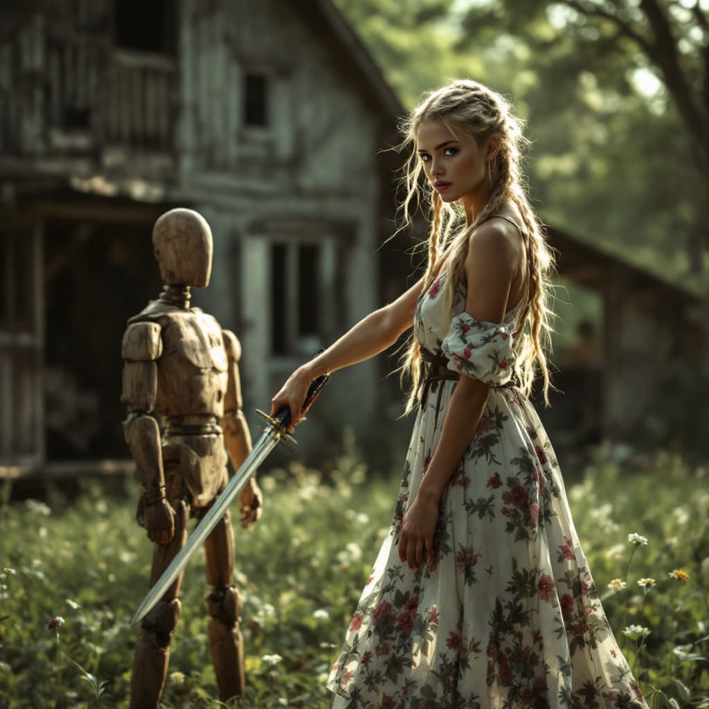 AI generated: full body view of A very beautiful minute blonde woman with braids, flowery dress, barefoot (((show ...