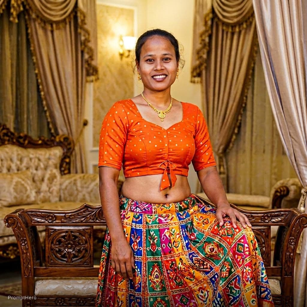AI generated: Convert this image to a romantic girl. She wear orange sweetheart blouse decorated with small golden...