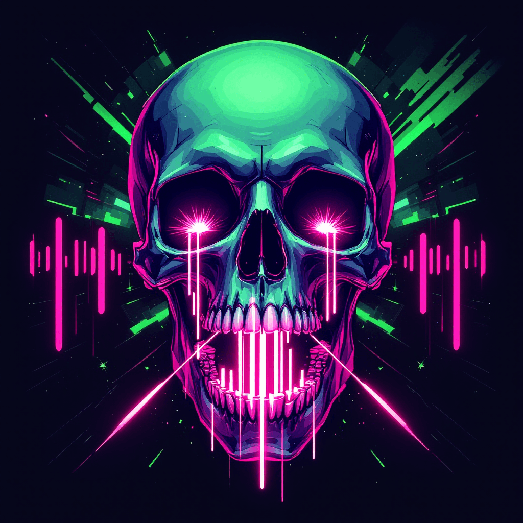 AI generated: "A stylized skull with open jaws, emitting shockwaves and sound bars in vivid neon greens and pinks....