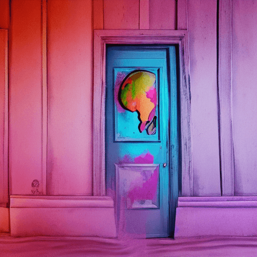 AI generated: a pink door in a colorless globe. surreal. color splash art with the door. a sailing ship, an ocean ...