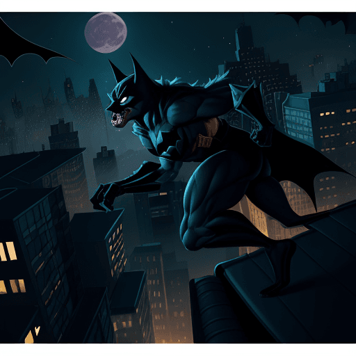 AI generated: A superhero werewolf is running and jumping,from roof top to rooftop, in a dark night city drawn in ...
