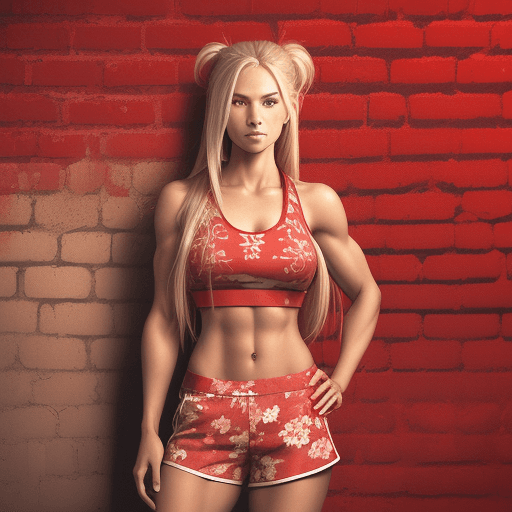 AI generated: A woman with long, straight blonde hair tied back, wearing a red sports bra and red floral-patterned...