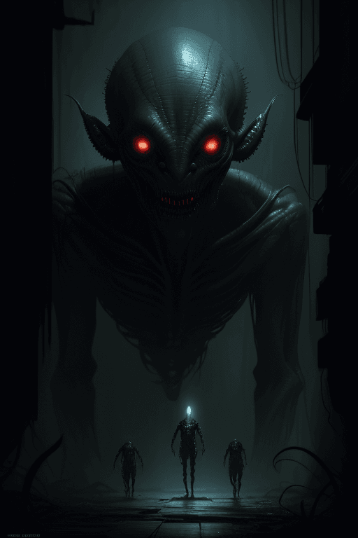 AI generated: scary alien creeping in the shadows, highly detailed, scary atmosphere, horror, cinematic lighting, ...