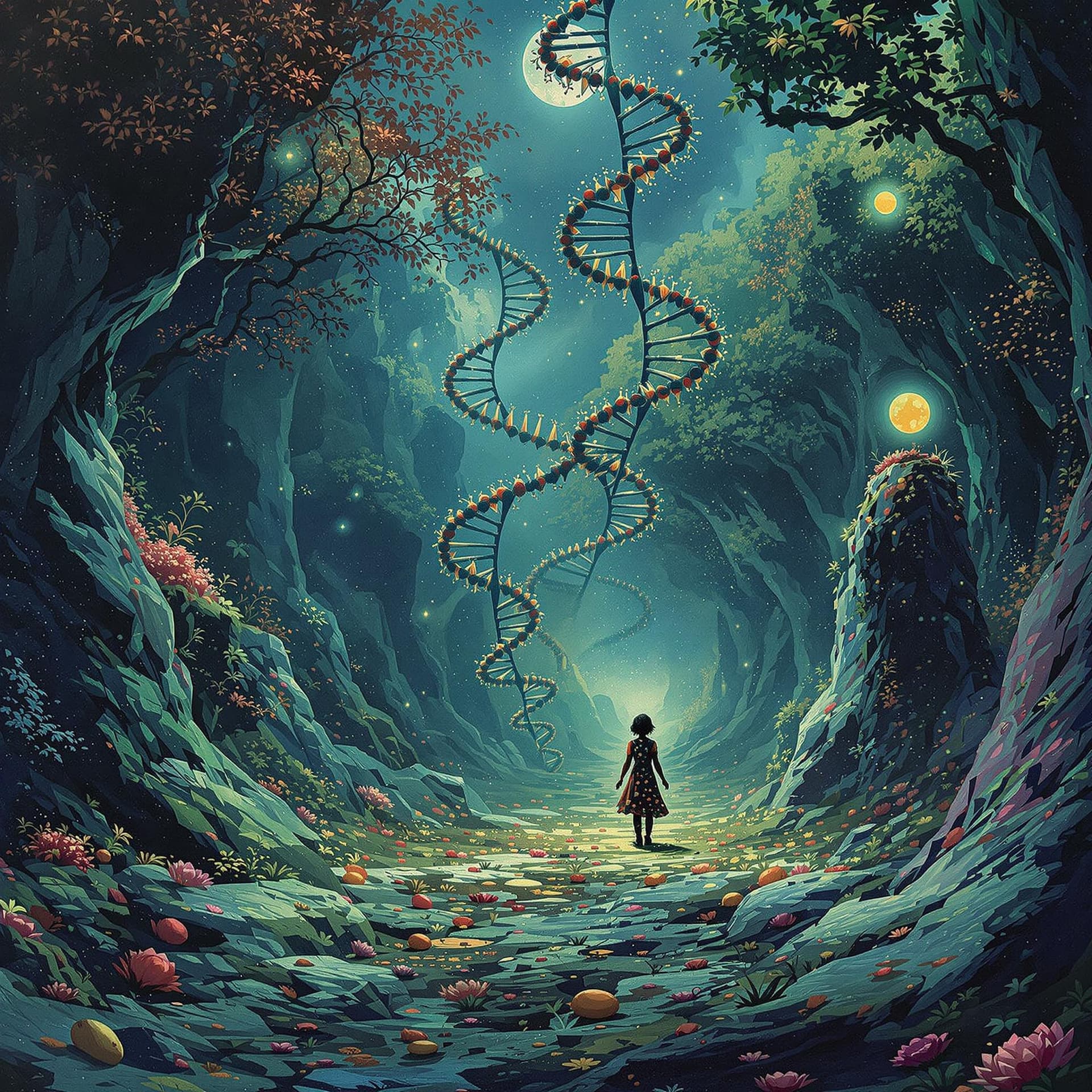 AI generated: You are doing LSD and suddenly your DNA takes over showing you pictures of their lives up until the ...