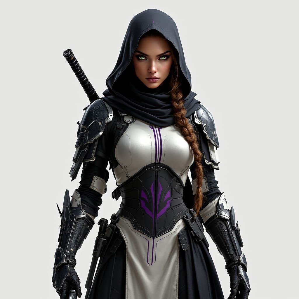 AI generated: Image of a human female galactic combat operator, her combat suit is light and black with lines of v...