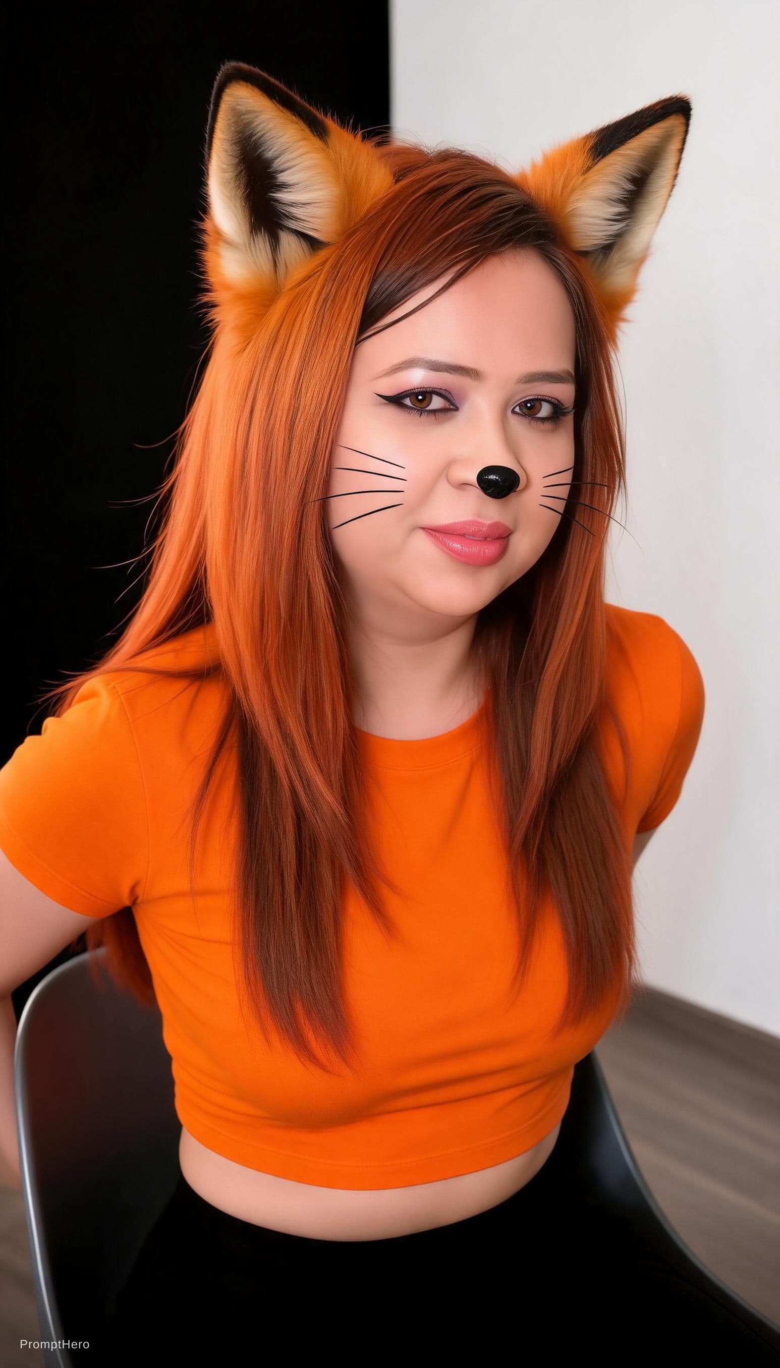 AI generated: Photorealistic studio portrait of a young woman with vibrant copper-orange shoulder-length hair wear...