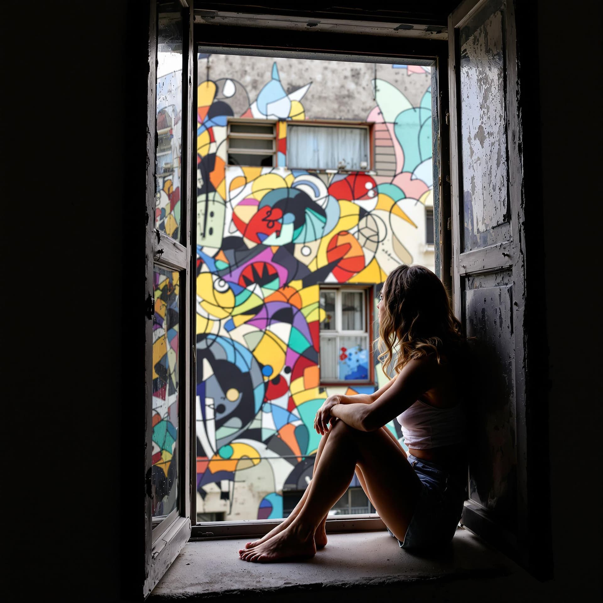 AI generated: a tall open window with a view of a building with a colorful abstract mural, a Indian woman, from th...
