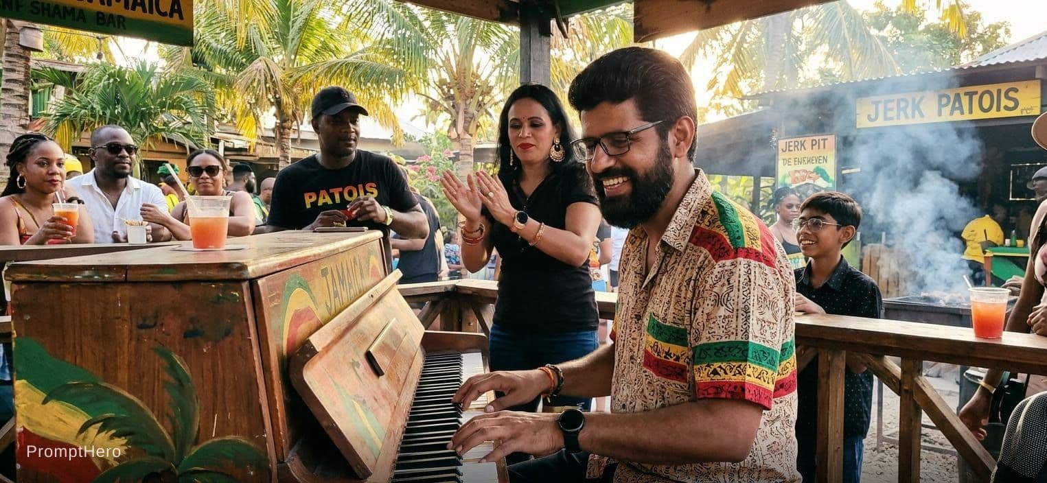 AI generated: a piano player in jamaica vibes 
