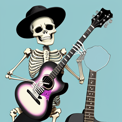 AI generated: Create an image of a skeleton playing a guitar. The skeleton should have a fun and joyful appearance...