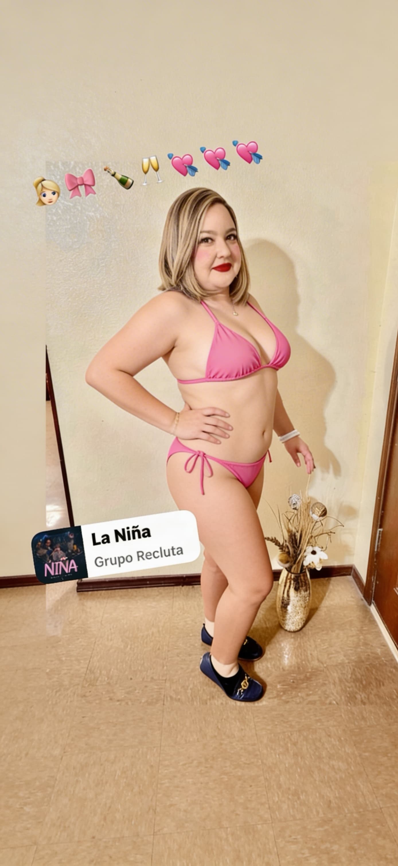 AI generated: Put subject in a pink small bikini