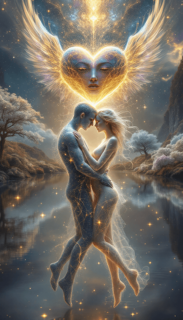 AI generated: Two ethereal figures entwined in a celestial embrace float above a mirrored cosmic lake, their bodie...