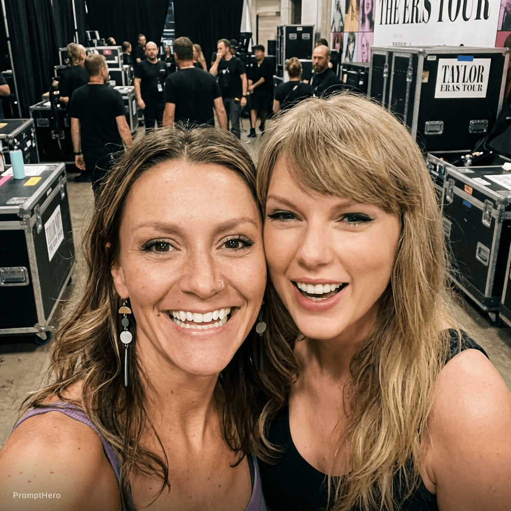 AI generated: with Taylor Swift backstage at a concert, excited fans vibe