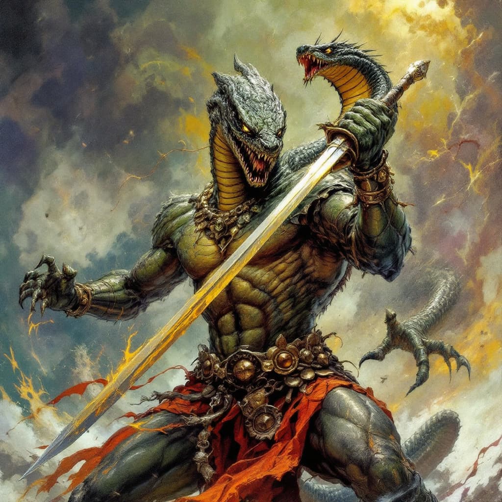 AI generated: A cobra-headed snake man fighting with sword and sorcery magic, in the style of Frank Frazetta, fant...