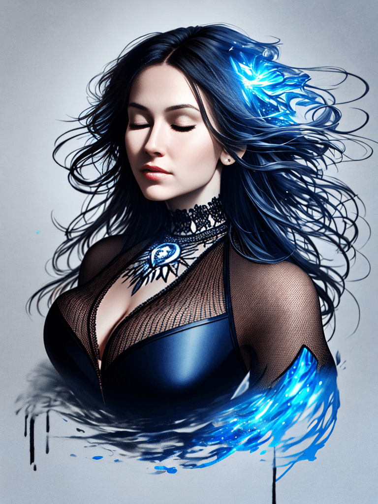 AI generated: beautiful young woman made of light, busty, flowing garment, eyes closed, light goth, radiant, glowi...