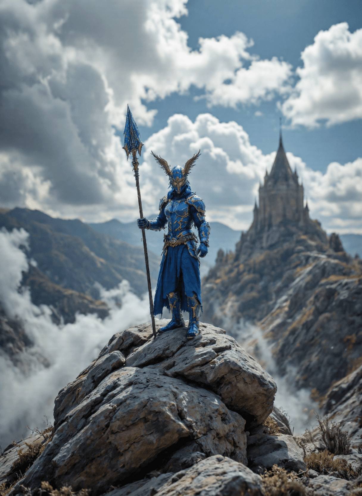AI generated: The image depicts a person standing on a rocky cliff with their right hand raised, holding a long sp...