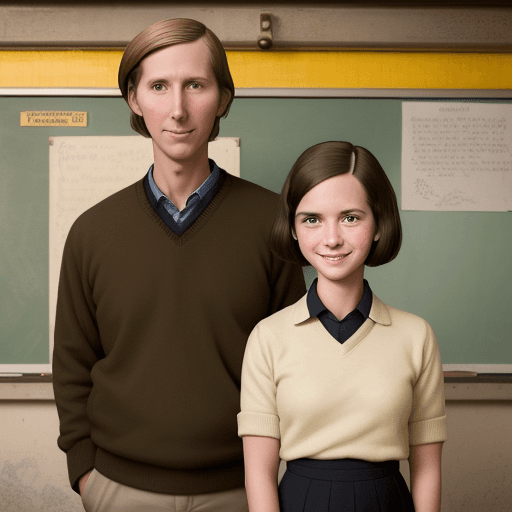 AI generated: a student girl  happy and smiling  Standing next to the teacher,  with a sleek bobbed hairstyle
 cut...