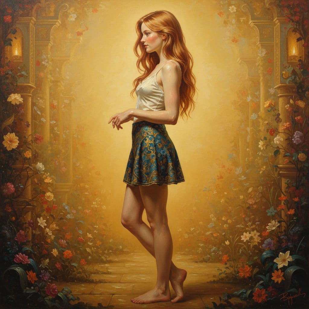 AI generated: A beautiful 18 year old girl with long silky ginger hair wearing a (((stunningly drawn mini skirt an...